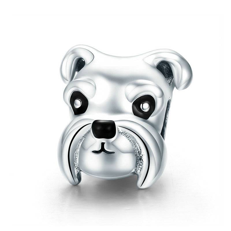 Silver Schnauzer charm with detailed facial features, designed for charm bracelets. Iconic dog breed design in polished finish.