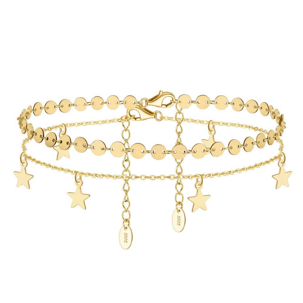 Gold stars anklet with layered chains and star charms