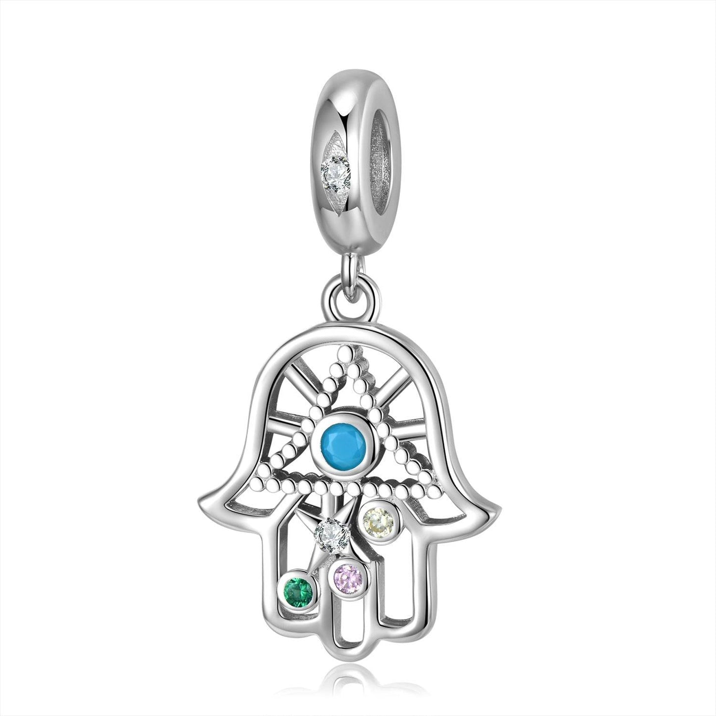 Detailed view of Hamsa Hand charm with stones