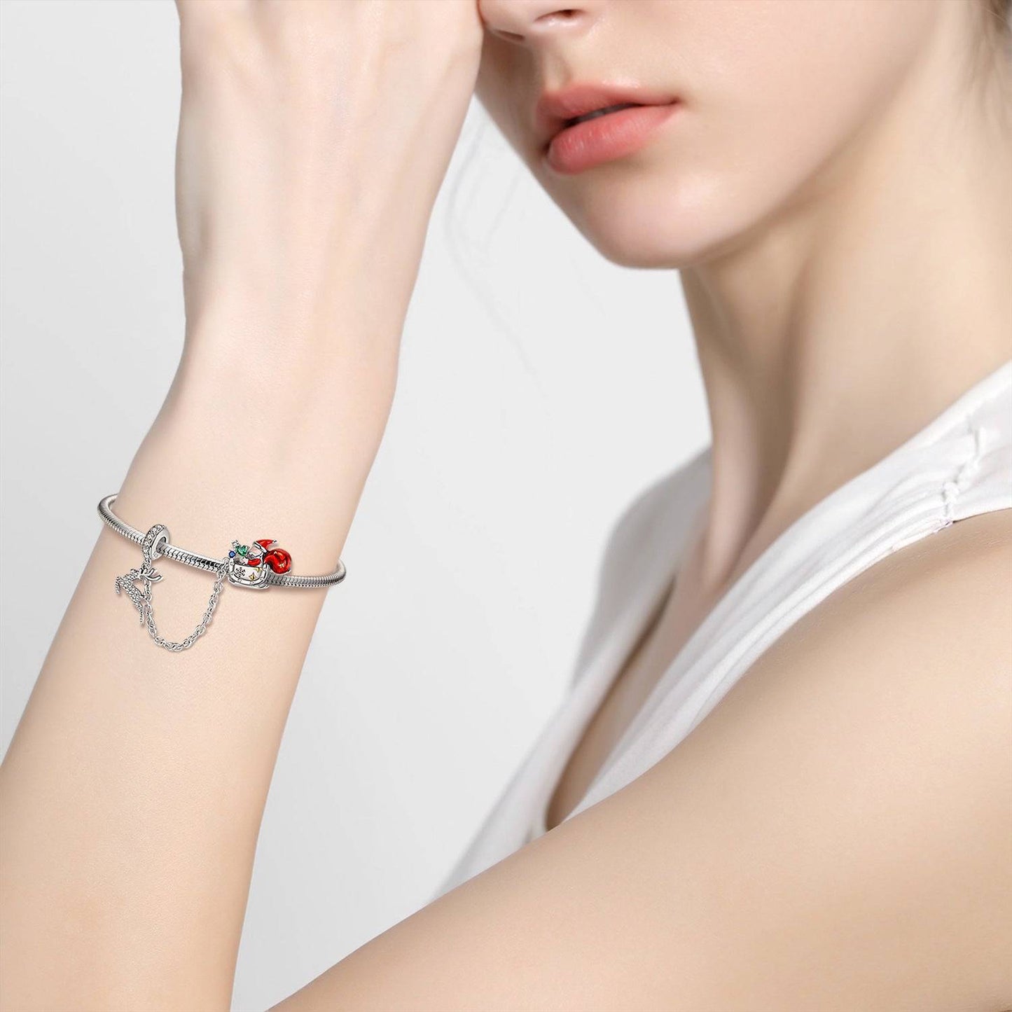 Model wearing Elk & Santa Claus safety chain charm