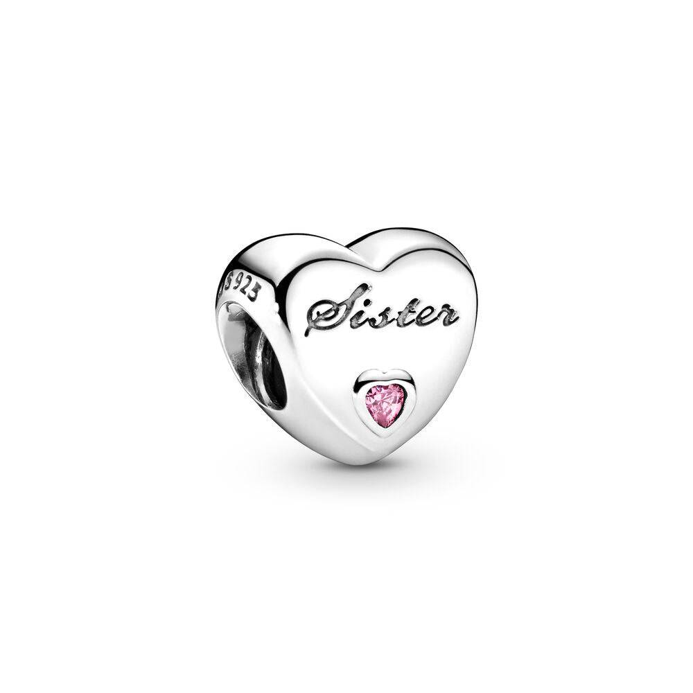 Heart-shaped sister charm with pink gem