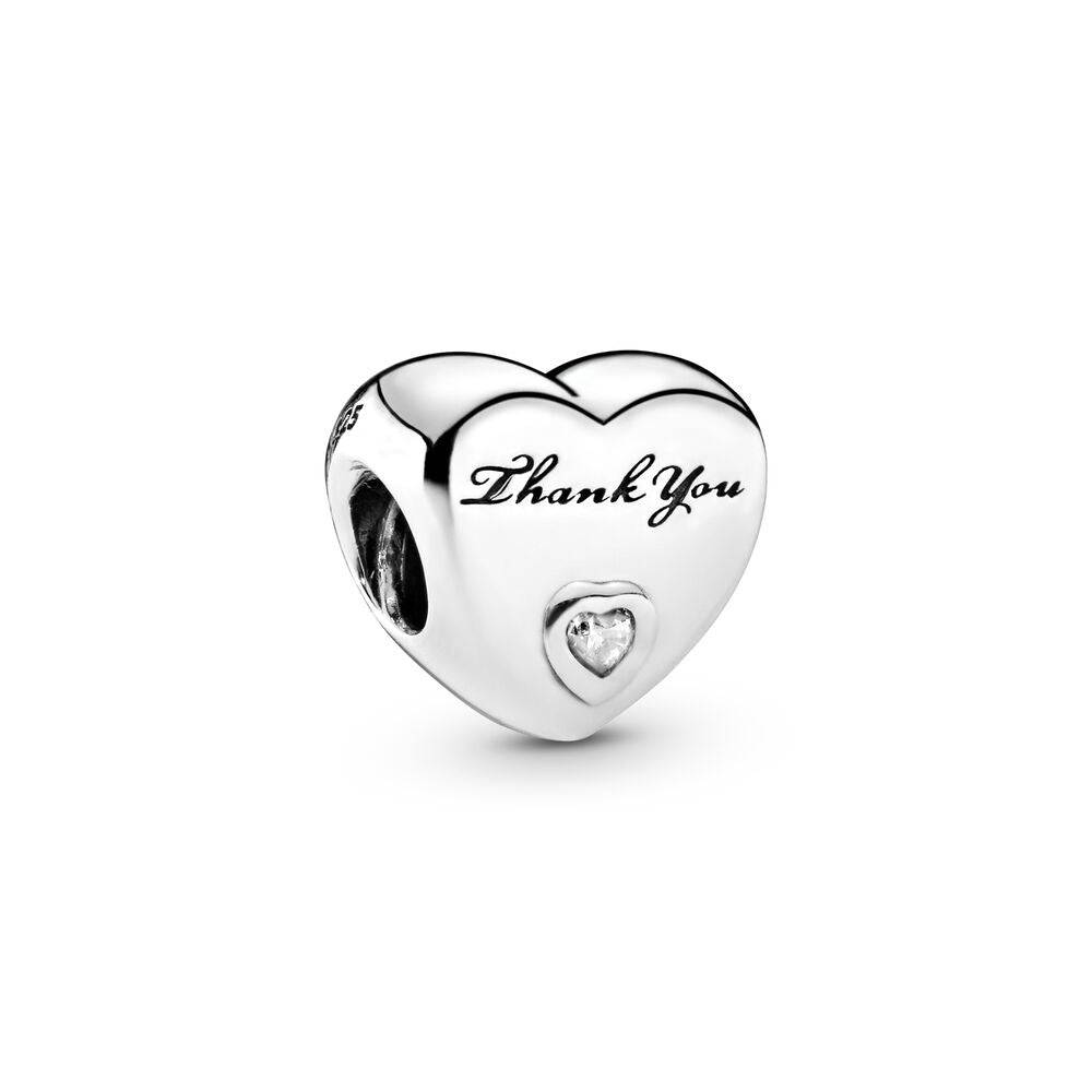 Heart-shaped thank you charm with clear gem