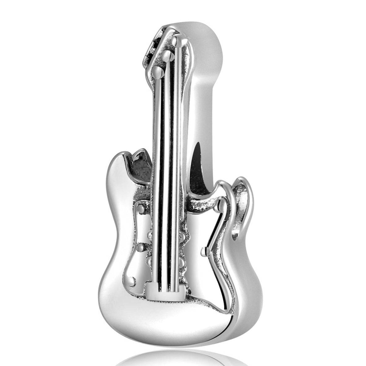 Rock Guitar Charm in sterling silver with a detailed guitar design, perfect for music lovers. A stylish addition to any charm bracelet or necklace.