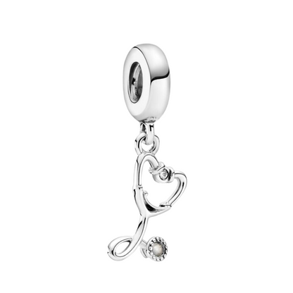 Stethoscope heart charm in sterling silver with a delicate design, perfect for healthcare professionals to showcase their medical passion.