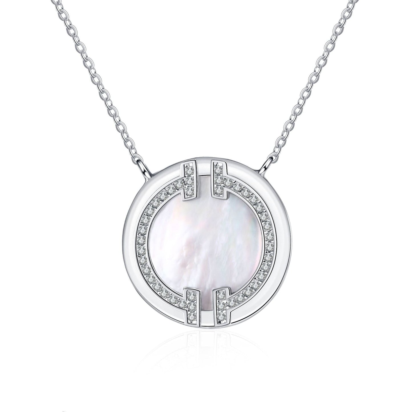 Circular moissanite necklace with a silver chain and a round pendant featuring a mother-of-pearl center and sparkling accents.