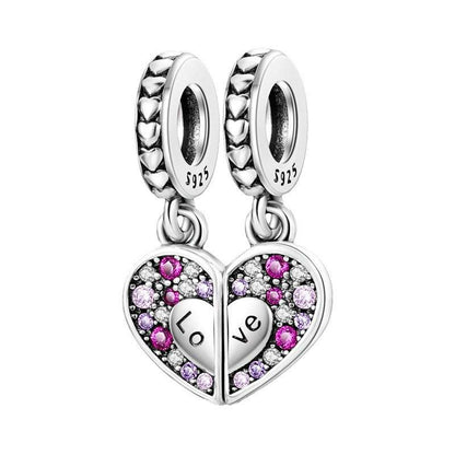 Heart charm with pink and purple stones, 'Love' text