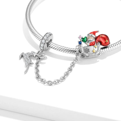 Elk & Santa Claus safety chain charm on bracelet