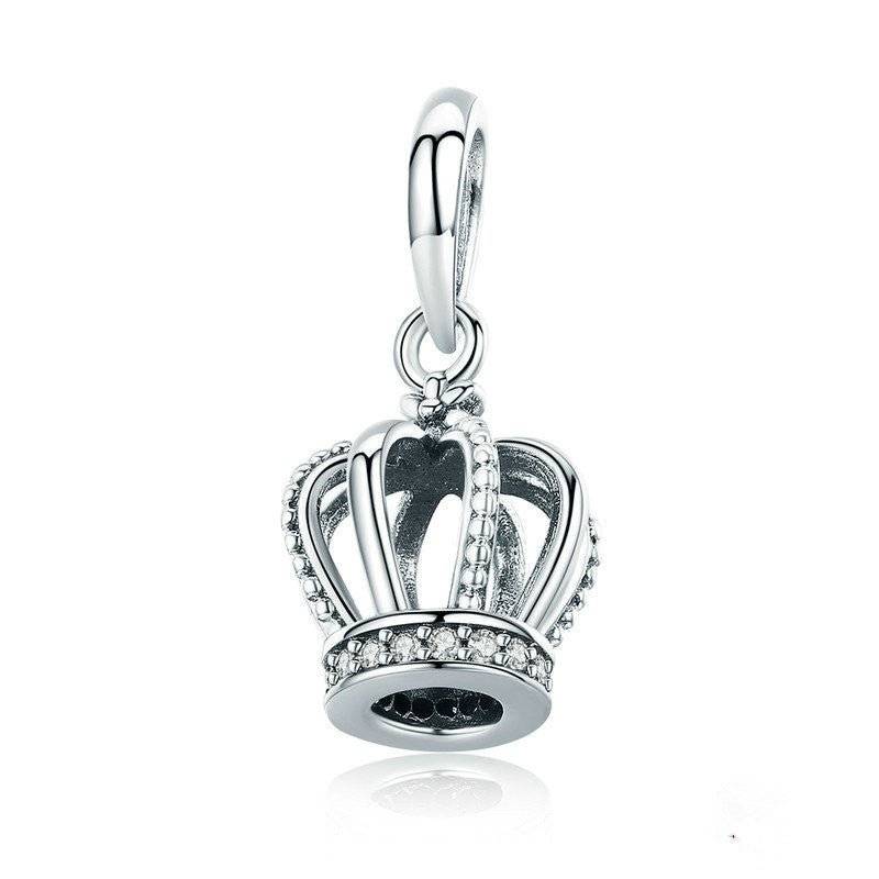 Elegant crown dangle charm in silver with sparkling accents.