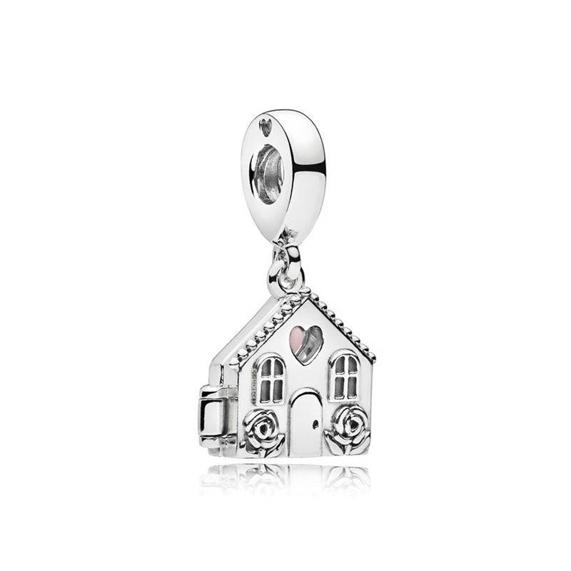 House Charm in sterling silver with heart and rose details