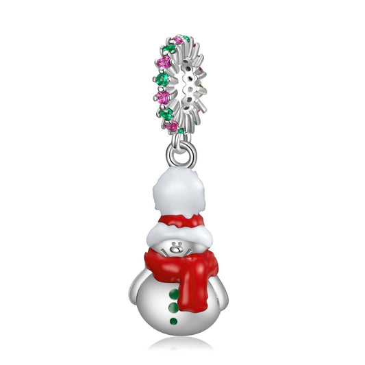 Festive snowman charm with red scarf and floral loop